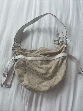 DNY Beige Patterned Shoulder Bag with White Trim